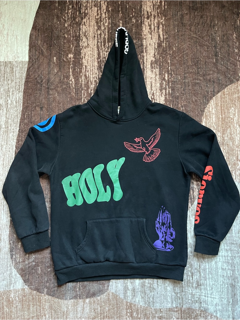 Cactus Black Hoodie with Green HOLY Print and Multicolor Graphics